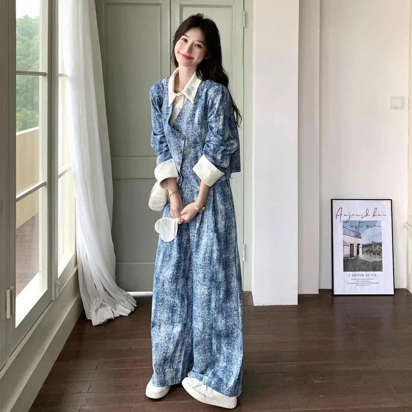 2点セット！【セットアップ】この配色、かっこよすぎる…💙 タイダイ柄ジャケット風トップス×ワイドパンツ 上下セット 春コーデ 体型カバーも叶う【SHシリーズ】
