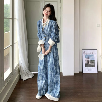 2点セット！【セットアップ】この配色、かっこよすぎる…💙 タイダイ柄ジャケット風トップス×ワイドパンツ 上下セット 春コーデ 体型カバーも叶う【SHシリーズ】
