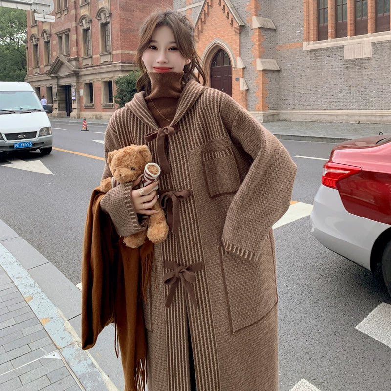 【アウター】🎀リボン結びで可愛く決まる！ロングニットコート レディース 冬新作 ゆったり 暖か デザイン感◎【JZシリーズ】