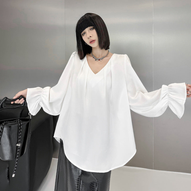 【トップス】大人可愛いVネックブラウス レディース 春新作 長袖 韓国風 きれいめ【JZシリーズ】