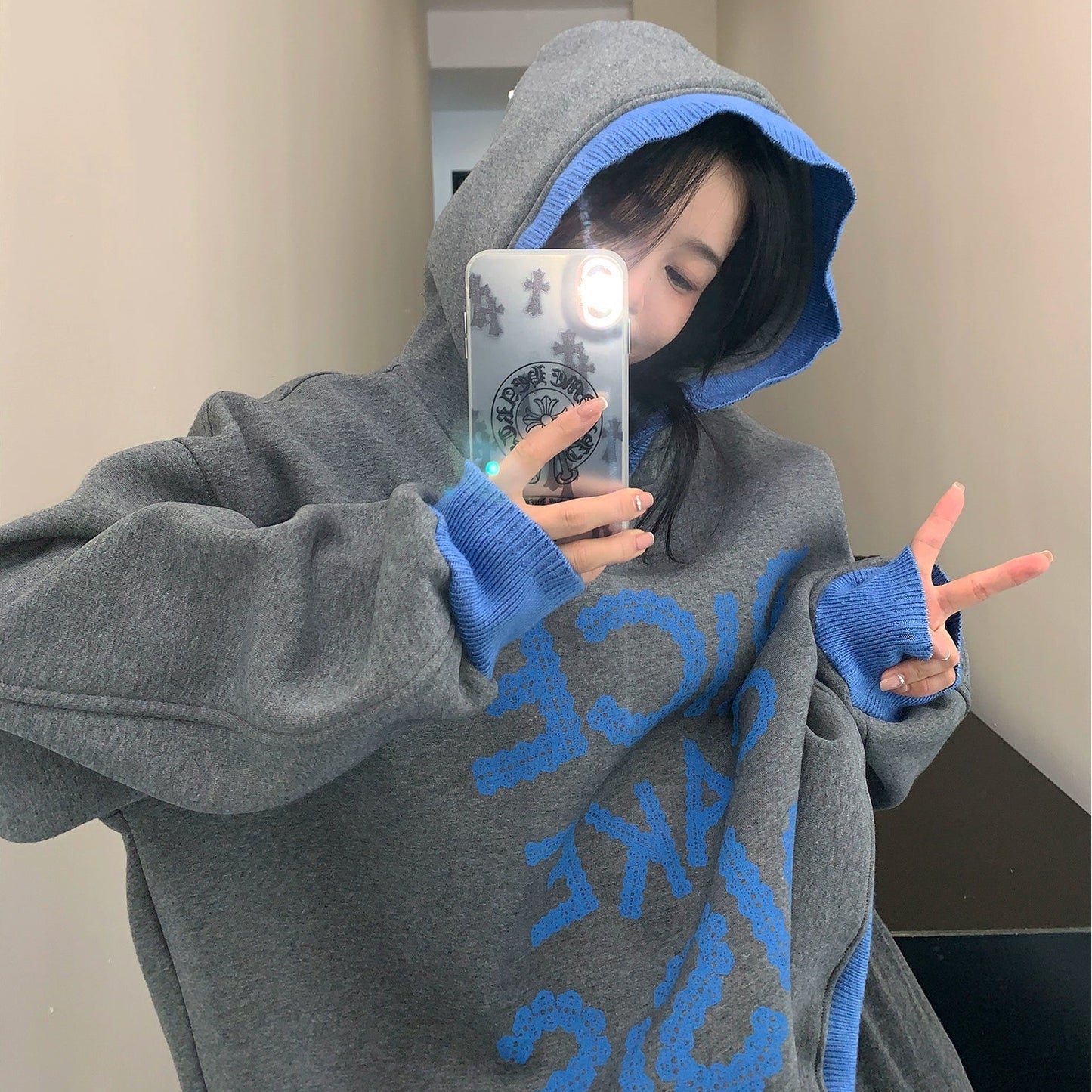 【トップス】レトロ 配色 裏起毛 フード付き 春 秋 冬 パーカー【FCシリーズ】