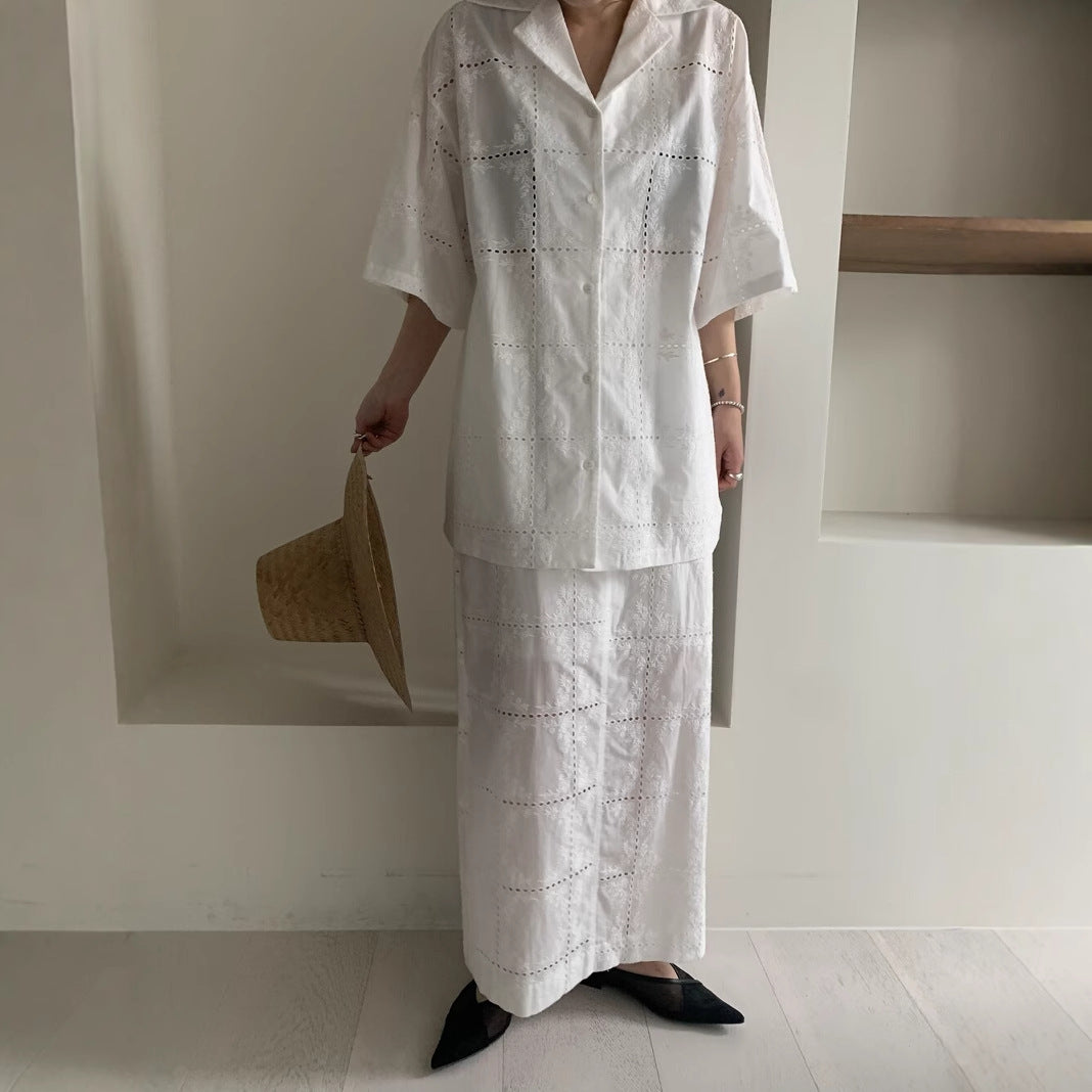 【セットアップ】【単品注文】透かし編み かぎ針編みレース シャツ + スカート 2点上下セット 【JZシリーズ】