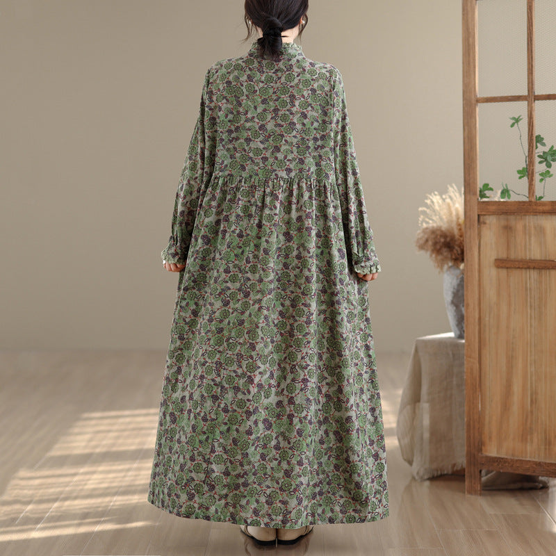 【ワンピース】ロング丈 プリント 上品な雰囲気 リネン素材 長袖 ワンピース 【SHシリーズ】