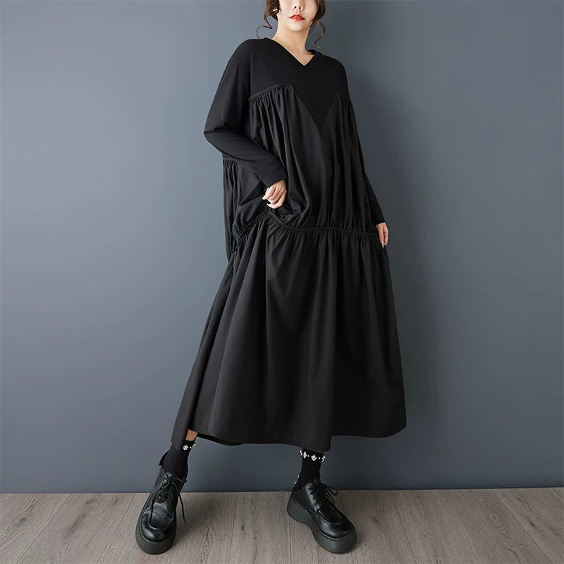 【60%OFF⭐️早い者勝ち】【ワンピース】ヴィンテージ ワンピース 長袖 切替 ビッグVネック ゆったり リラックス感 デザイン レディース【AHシリーズ】