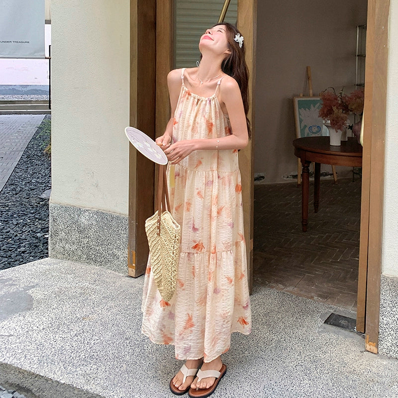 【ワンピース】フレンチ風プリント 夏らしい優美な雰囲気 ノースリーブキャミワンピース リゾート感たっぷり【SHシリーズ】