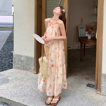 【ワンピース】フレンチ風プリント 夏らしい優美な雰囲気 ノースリーブキャミワンピース リゾート感たっぷり【SHシリーズ】