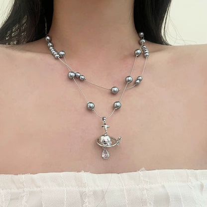 【🎁 B2G1｜先行スタート！】【グッズ】宇宙船 ペンダント× パールネックレス レディース 個性派デザイン ロングチェーン 高見え重ね付けアクセサリー