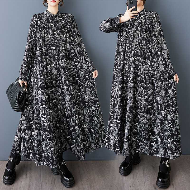 【ワンピース】春 秋 冬 ルーズ 着痩せ効果 プリント 大きいサイズ 長袖 ワンピース 【SHシリーズ】