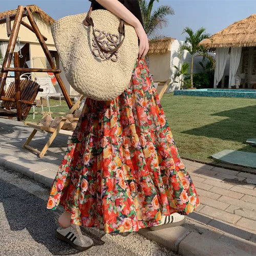 【ボトムス】ボヘミアン風 フレンチ油絵 プリント 大振裾 スカート 【SHシリーズ】