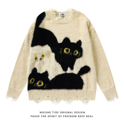 【トップス】秋冬 ねこ柄 破れ風 ダメージニット レトロ かわいい ゆったり 男女兼用 セーター【FCシリーズ】