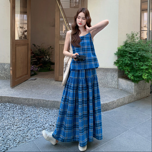 2点セット！【セットアップ】ヴィンテージ チェック柄 カジュアル タンクトップ＋スカート 上下セット【SHシリーズ】