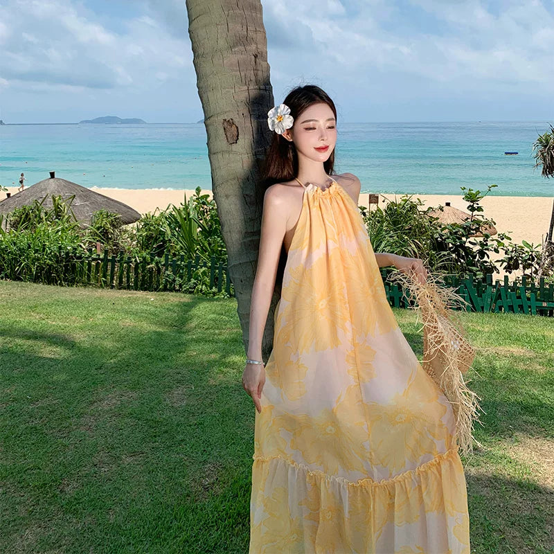 【ワンピース】リゾート風 イエロー ノースリーブ 花柄ワンピース レディース 夏 背中開き ロング丈 海コーデ 大人可愛い【SHシリーズ】
