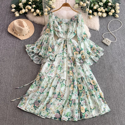 【ワンピース】褒められ確定！フレンチ小衆 長袖 プリントロングワンピース｜シフォン＆ベルスリーブ【SHシリーズ】