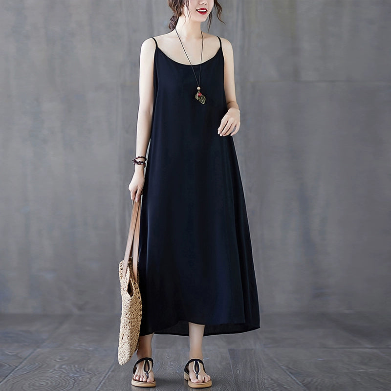 【ワンピース】夏新作 文芸系シンプル 無地キャミソールワンピース ゆったりロング丈 インナーとしても活躍
