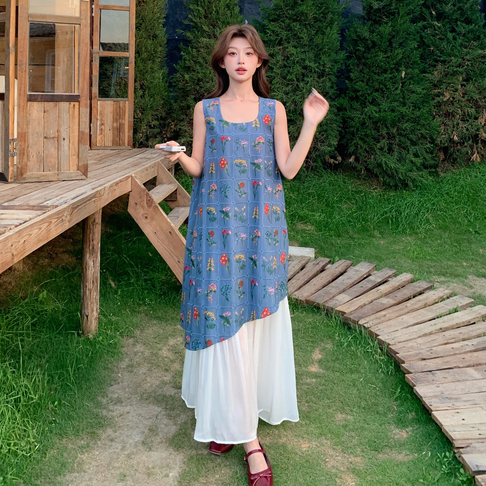 【ワンピース】フレンチ風エレガント お洒落配色プリント風フェイクレイヤード ノースリーブワンピース【SHシリーズ】