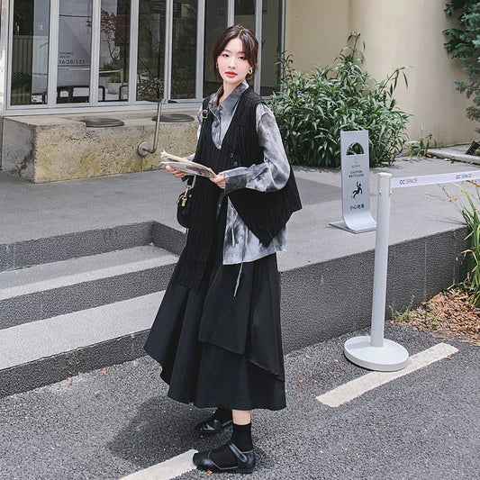 【セットアップ】こなれ感 ファッショナブル ベスト＋水墨柄 シャツ＋スカート セット 細見え 3点セット レディース【JZシリーズ】