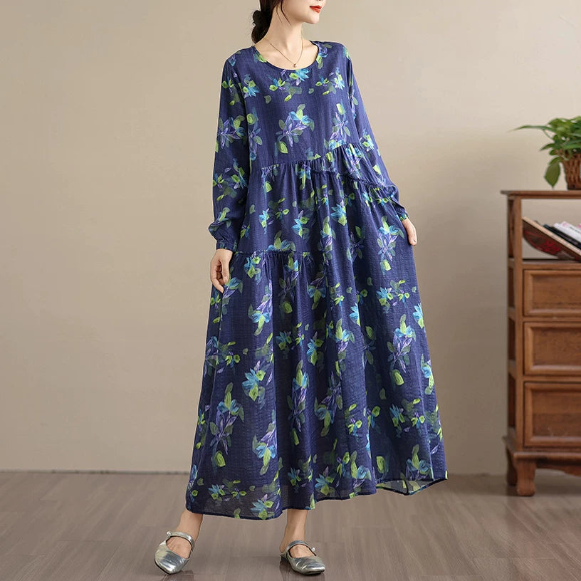 【ワンピース】アンティーク風 花柄 長袖 ロング ゆったり レーストリム ワンピース【SHシリーズ】