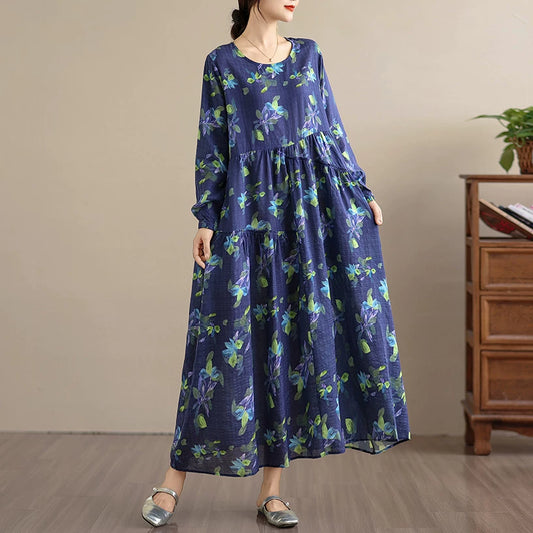 【ワンピース】アンティーク風 花柄 長袖 ロング ゆったり レーストリム ワンピース【SHシリーズ】