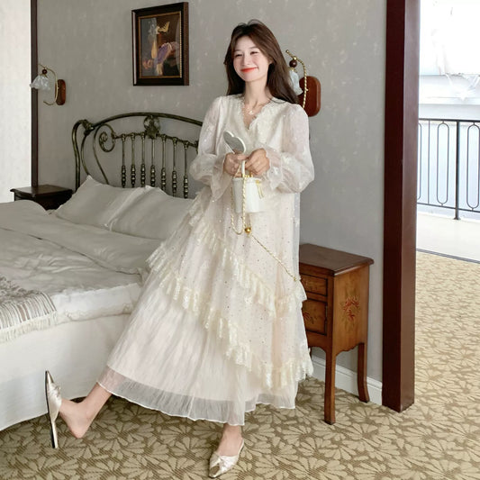 【ワンピース】フランス風 レース 切り替えし 高級感 上品 ピコット 長袖ワンピース【JZシリーズ】