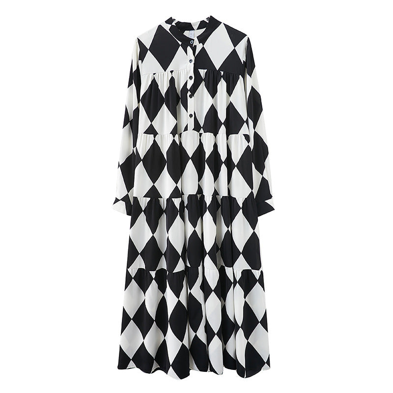 【ワンピース】ブラック＆ホワイト ブラック＆ホワイト プリント 長袖 ワンピース 【SHシリーズ】