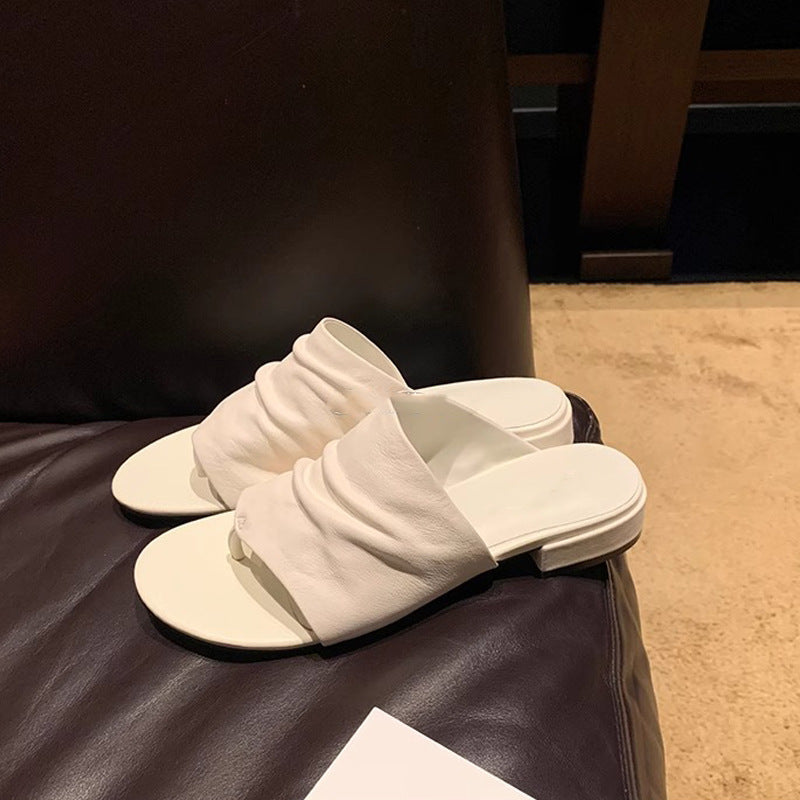 【シューズ】ミニマル×ギャザーサマーミュール｜ワイドアッパー×チャンキーヒールの履きやすさ抜群レディースサンダル