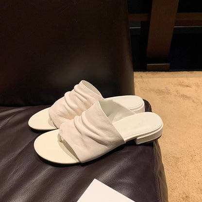 【シューズ】ミニマル×ギャザーサマーミュール｜ワイドアッパー×チャンキーヒールの履きやすさ抜群レディースサンダル