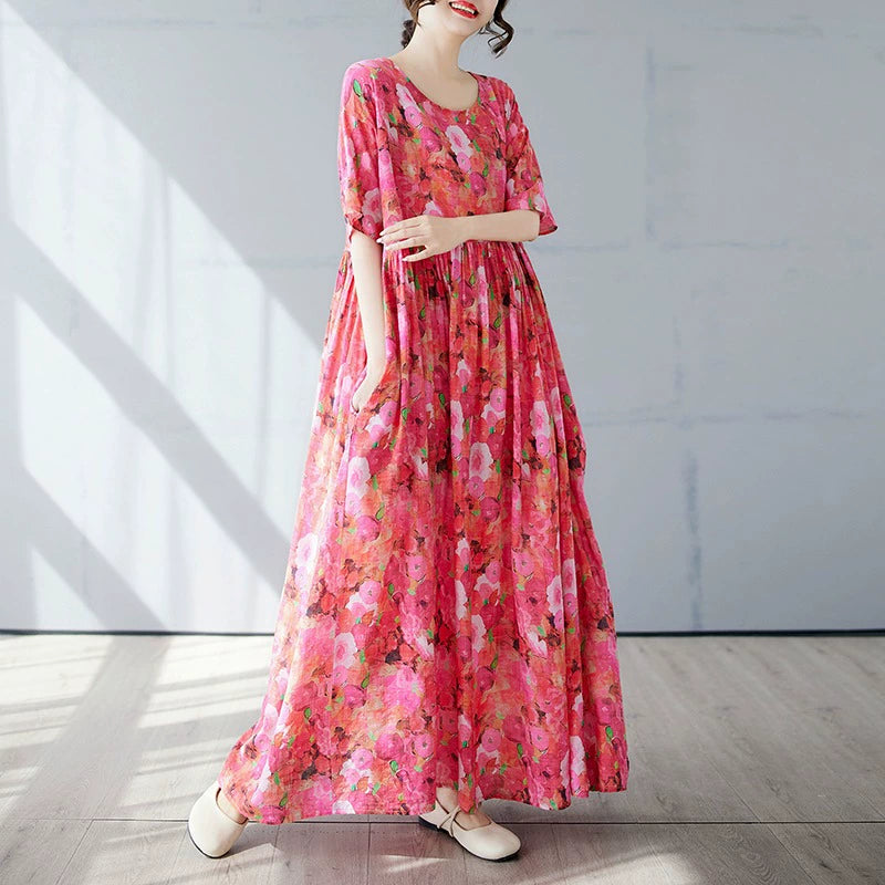 【ワンピース】レトロ 気質 花柄 細見え 半袖ワンピース【SHシリーズ】