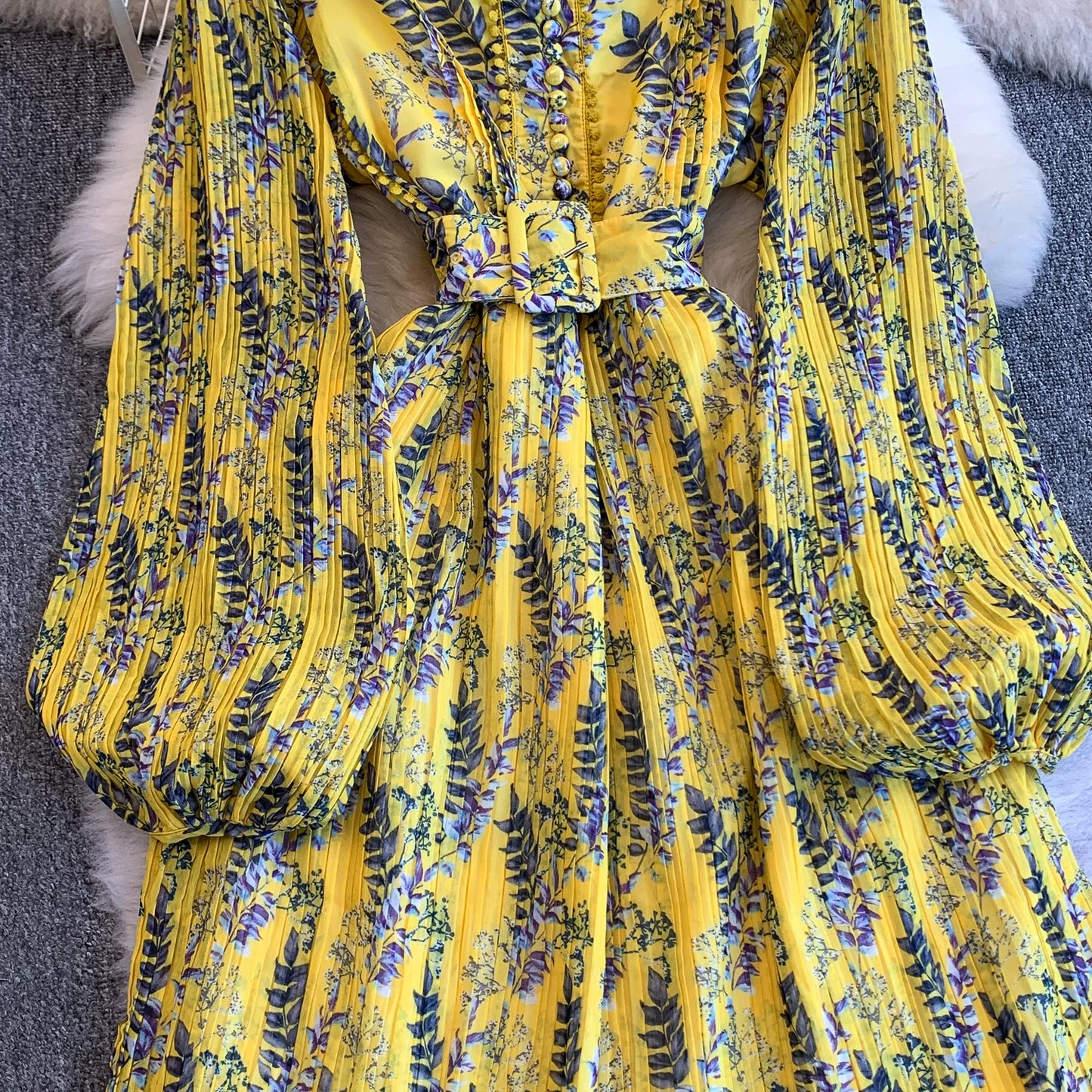 【ワンピース】スタンドカラー リボン付き Aライン プリント プリーツ 長袖 ワンピース 【SHシリーズ】