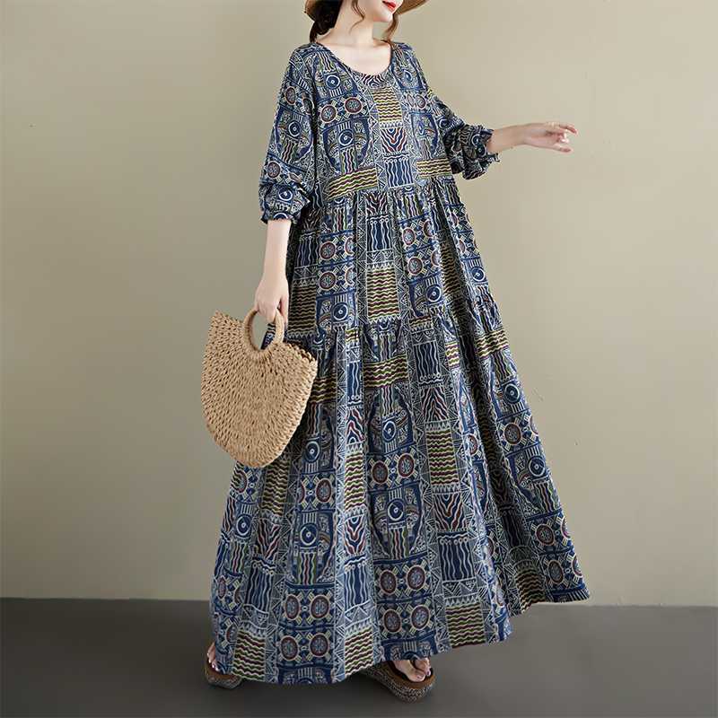 【ワンピース】秋新作ゆったり花柄ワンピース 大きめサイズ ファッション 長袖ドレス【SHシリーズ】