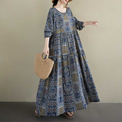 【ワンピース】秋新作ゆったり花柄ワンピース 大きめサイズ ファッション 長袖ドレス【SHシリーズ】