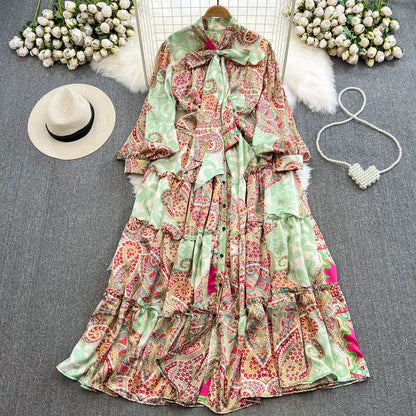 【ワンピース】シングルボタン プリント レディライク フレア 長袖 ワンピース 【SHシリーズ】