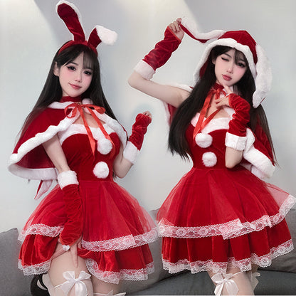 【クリスマス】コスプレ セクシー 可愛い うさぎ 女郎風 制服風 セット うさ耳 ケープ付き