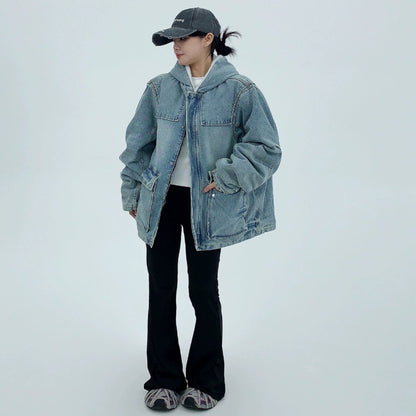 【アウター】韓国系 ヘビーウェイト ニッチ ダメージ加工 デニム ゆったり 綿入れコート【FCシリーズ】