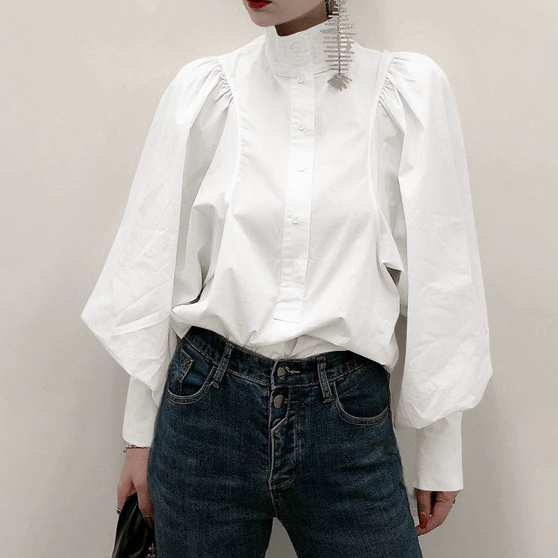 【24AW】【トップス】無地 長袖 ランタンスリーブ  シャツ·ブラウス