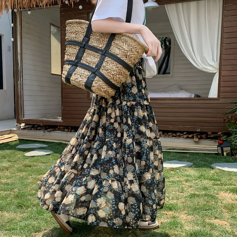 【ボトムス】花柄 スカート 新作 流行 レディース ハイウエスト Aライン フレア シフォンスカート【SHシリーズ】