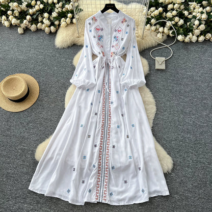 【ワンピース】フレンチレトロ刺繍ロングワンピース レディース 秋新作 スタンドカラー 長袖 前開き きれいめ【SHシリーズ】
