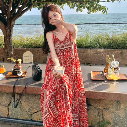 【ワンピース】ボヘミアン風 Vネックロングキャミワンピース 海辺リゾート映え 夏新作 ノースリーブワンピース【SHシリーズ】