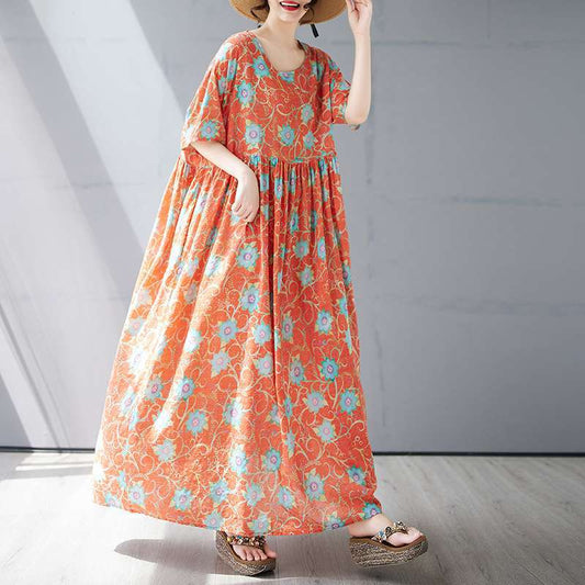 【ワンピース】夏用 超ゆったりシルエット クルーネックプリント 半袖ワンピース【SHシリーズ】