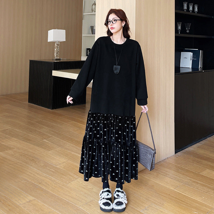 【ワンピース】秋冬 大きいサイズ ベロア切替Aラインスウェット長袖ワンピース ゆったり 洋服感アップ【JZシリーズ】