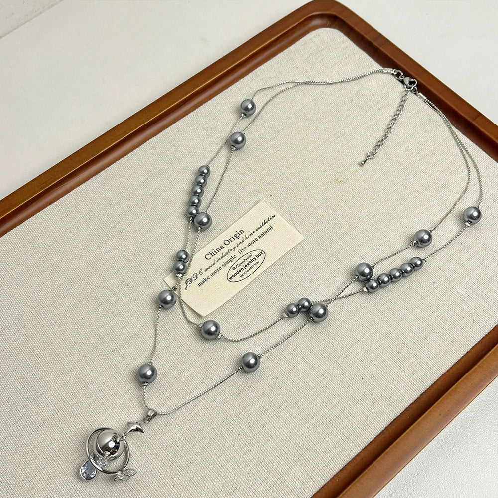 【🎁 B2G1｜先行スタート！】【グッズ】宇宙船 ペンダント× パールネックレス レディース 個性派デザイン ロングチェーン 高見え重ね付けアクセサリー