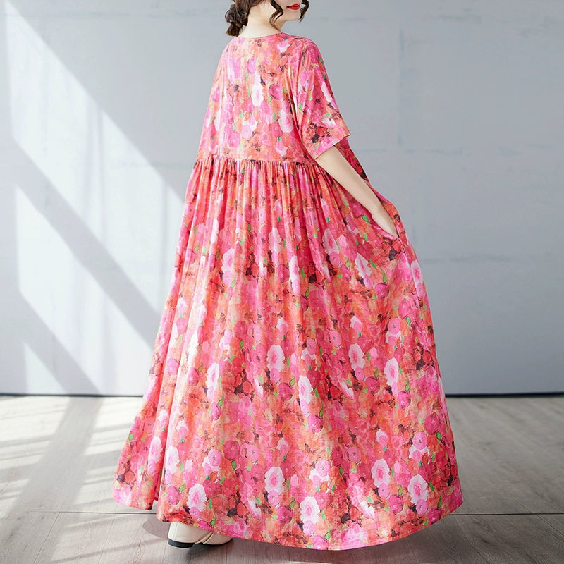 【ワンピース】レトロ 気質 花柄 細見え 半袖ワンピース【SHシリーズ】