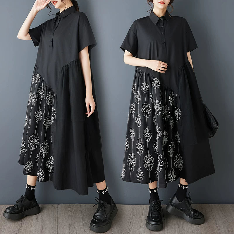 【ワンピース】春夏新作 レトロ ブラック 刺繍チュール切替 半袖ワンピース ルーズシルエット 着痩せ ロングワンピース
【SHシリーズ】