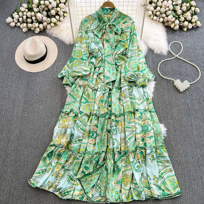 【ワンピース】シングルボタン プリント レディライク フレア 長袖 ワンピース 【SHシリーズ】