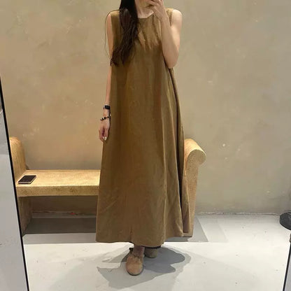 期間限定⭐️60%OFF【ワンピース】レトロ 無地 リネンコットン ミディ丈 キャミワンピース レディース 夏新作 ミニマル ノースリーブ 上品 ゆったり ノースリーブ ワンピース【JZシリーズ】