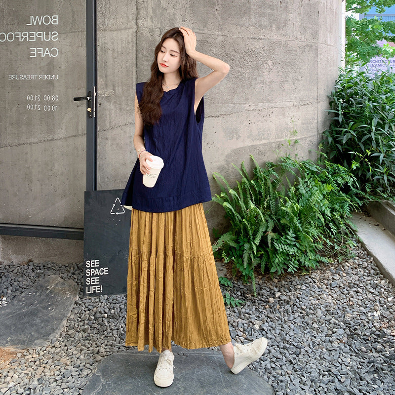 2点セット！【セットアップ】ラウンドネックカジュアルノースリーブブラウス＋ハイウエスト細見えAラインスカート上下セット【JZシリーズ】