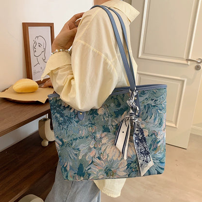 【バッグ】💙刺繍デザイン入り 大容量トートバッグ レディース 通勤 新作 おしゃれレトロ ボディバッグ