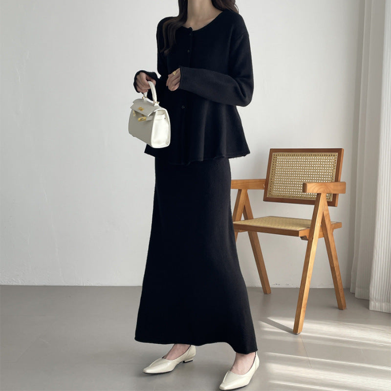 【セットアップ】春 秋 冬 ニットカーディガン + フロア丈 ロングスカート 2点上下セット 【SNシリーズ】