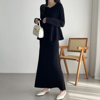 【セットアップ】春 秋 冬 ニットカーディガン + フロア丈 ロングスカート 2点上下セット 【SNシリーズ】