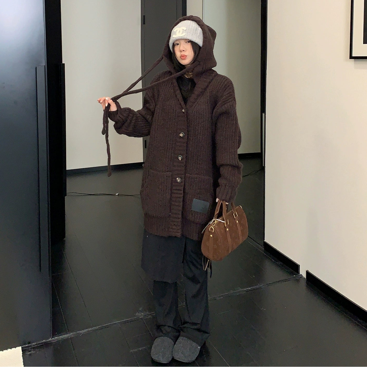 【アウター】レトロ ヘビーゲージ 厚手 フード付き ニットセーター カーディガン【FCシリーズ】