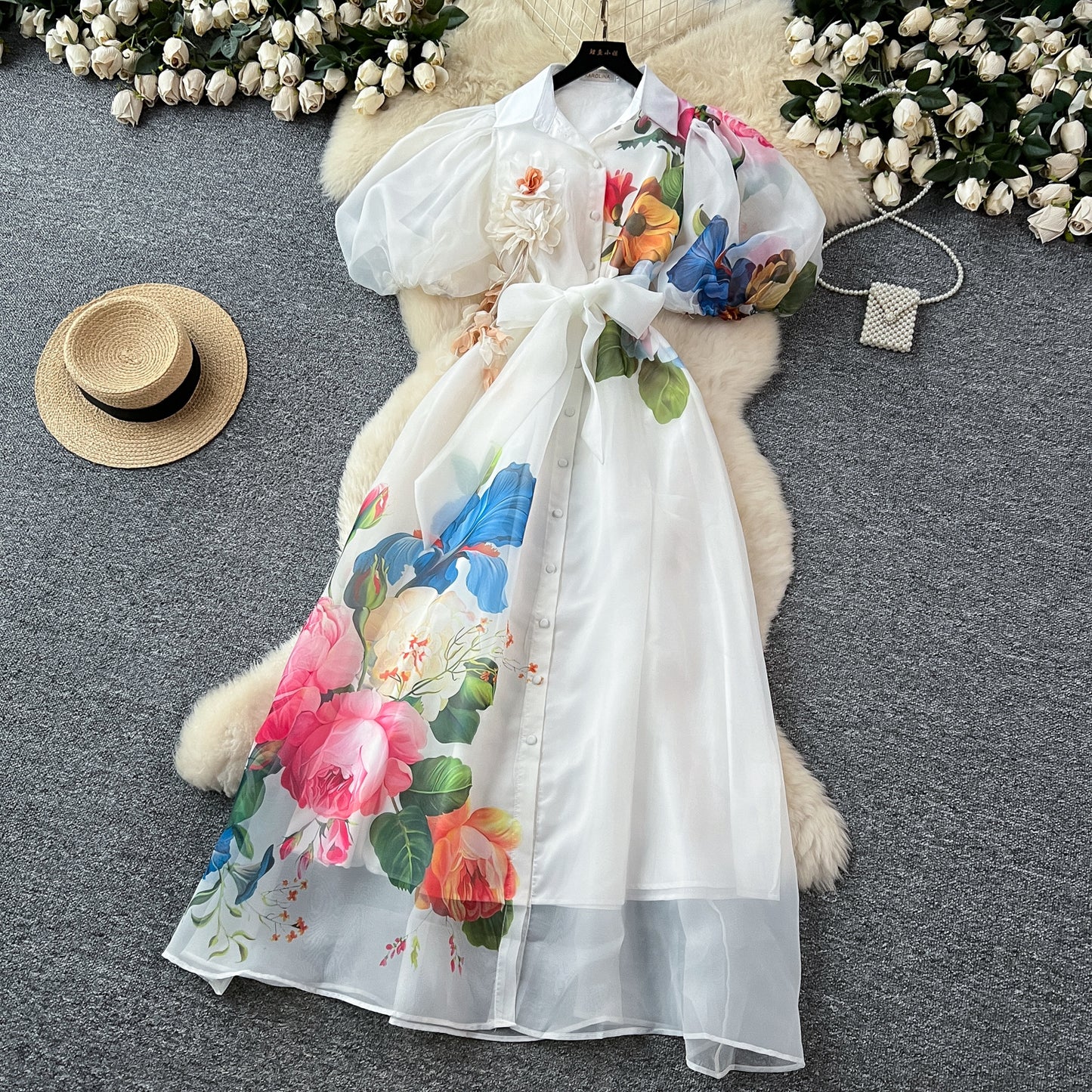 【ワンピース】着るだけで上品見え✨フレンチ風 半袖 ワンピース バインディング ウエスト 立体花モチーフ ランタンスリーブ メッシュ ロング丈【SHシリーズ】